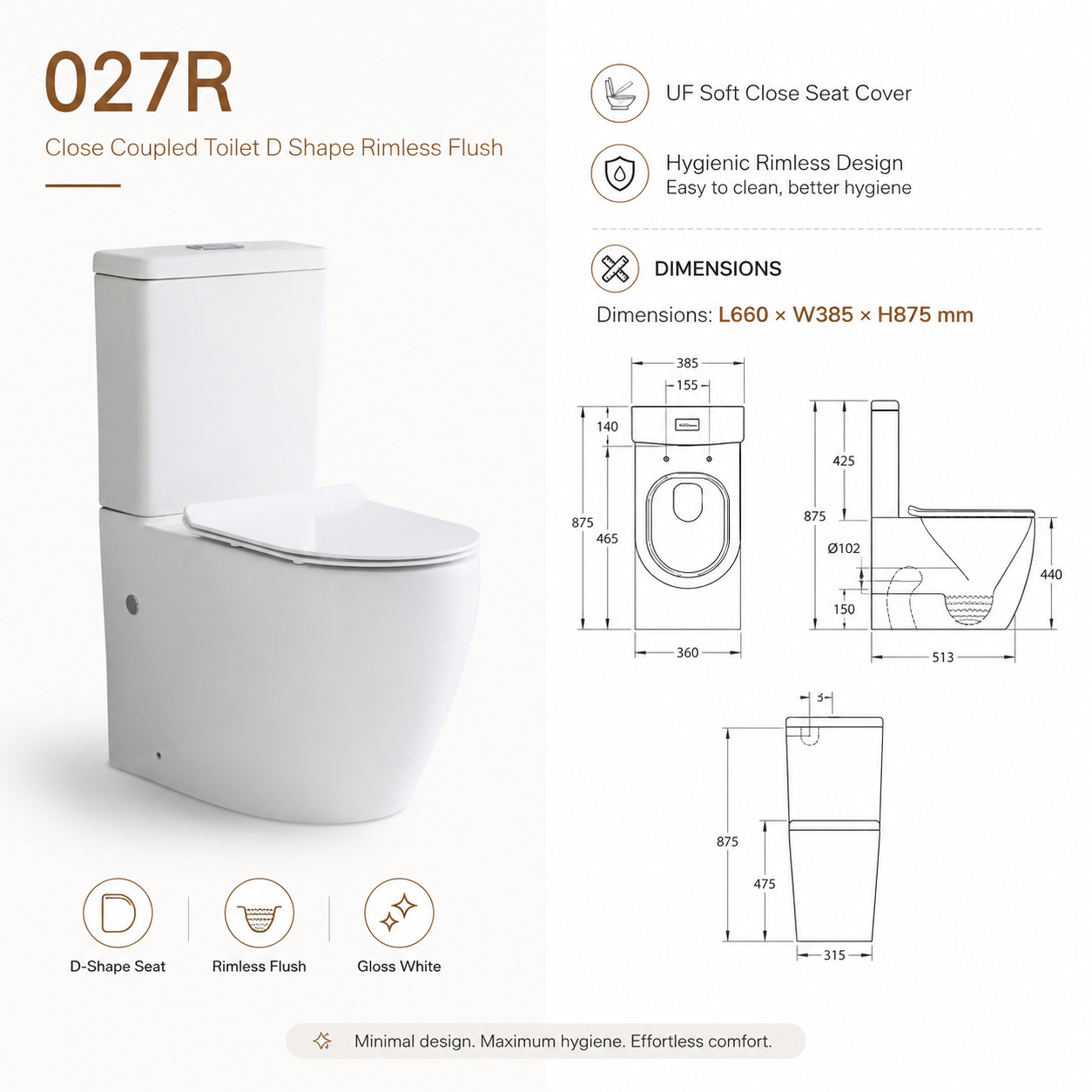 027R D-Shape Rimless Close Coupled Toilet