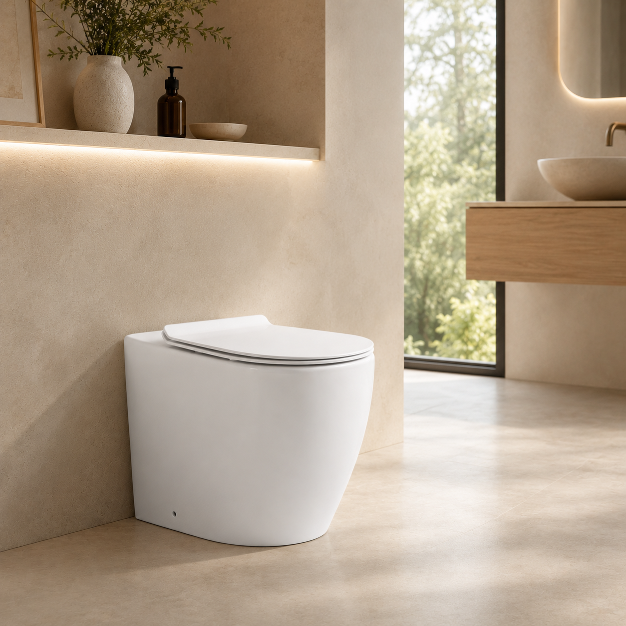 Back-to-Wall Round Rimless Toilet with Soft-Close Seat – 107N