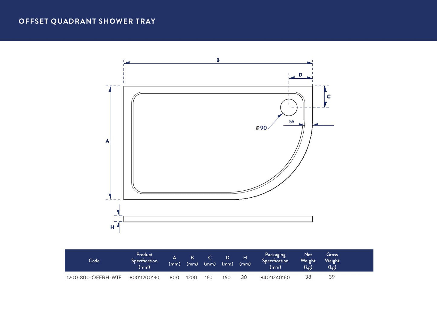 1200 mm x800 mm Eco-Stone Offset Quadrant Right Hand Shower Tray
