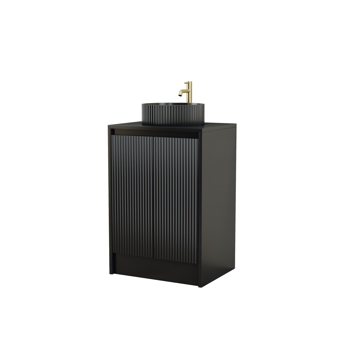 600mm Fluted Handless Floor Standing Vanity Unit with Basin & Polymarble Worktop Black Matt Colour