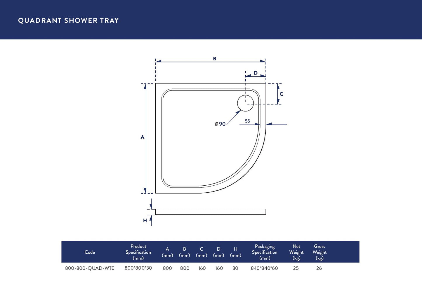 800 x800 mmEco-Stone Rectangular Shower Tray
