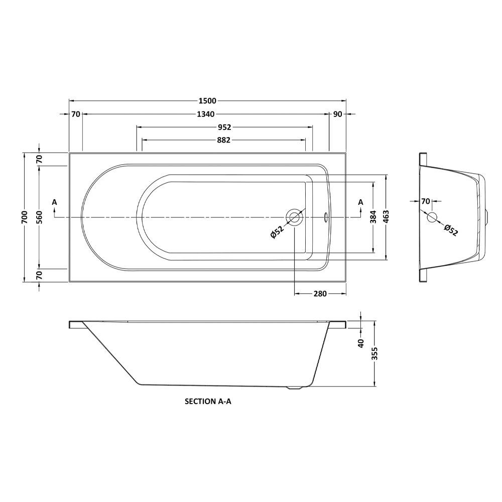 1500mm x 700mm Single Ended Acrylic Bath