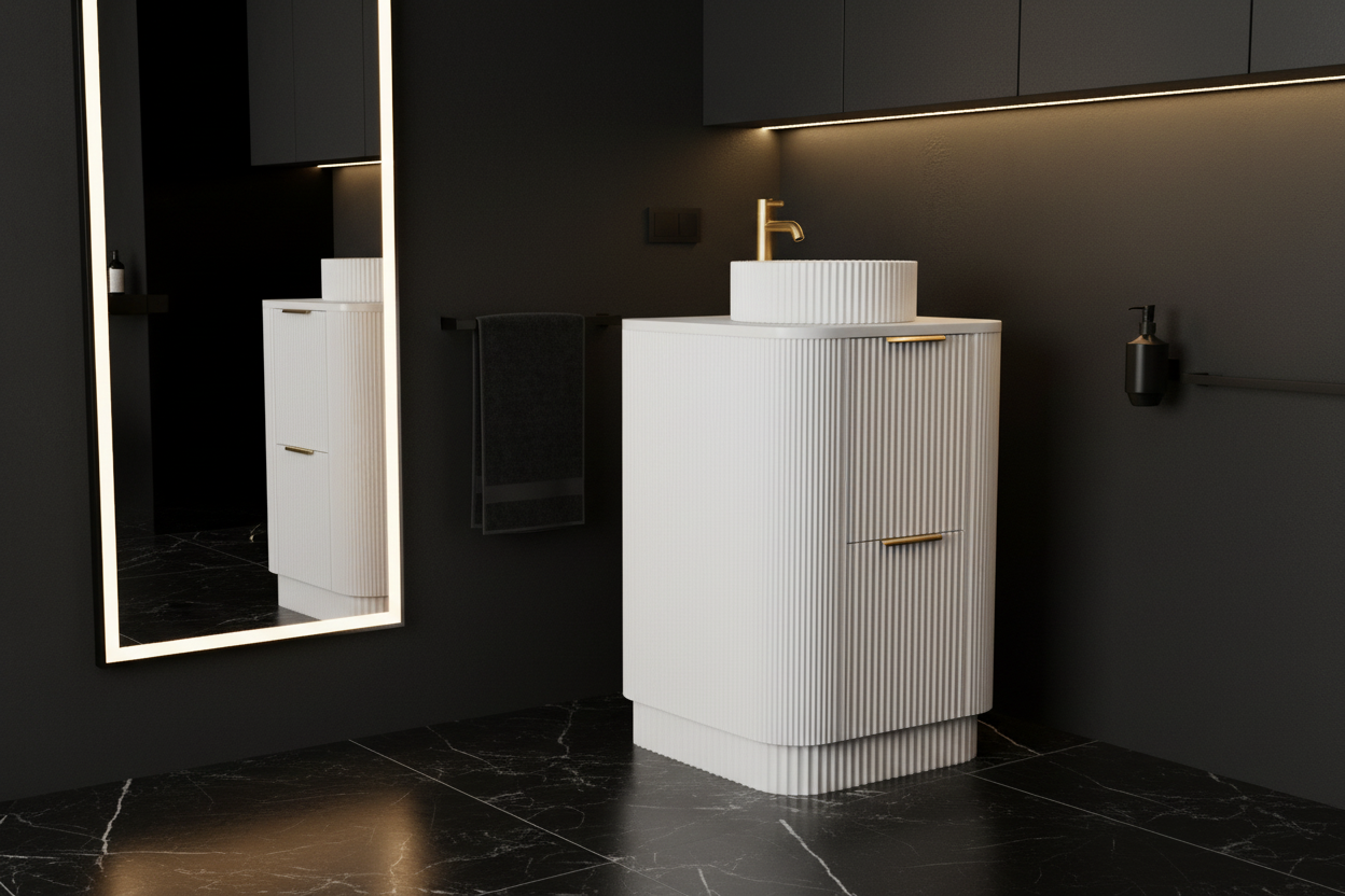600mm Fluted Floor Standing Vanity Unit with Basin Creamy White Matt Colour