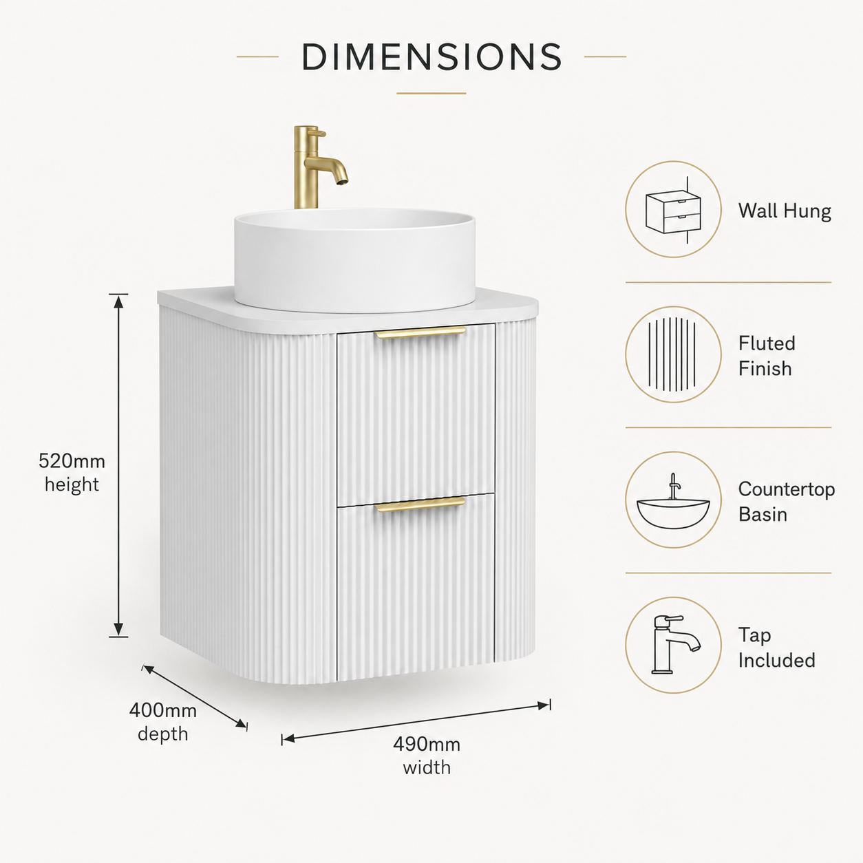 500mm Fluted Wall-Hung Vanity Unit with Worktop, Art Basin & Tap