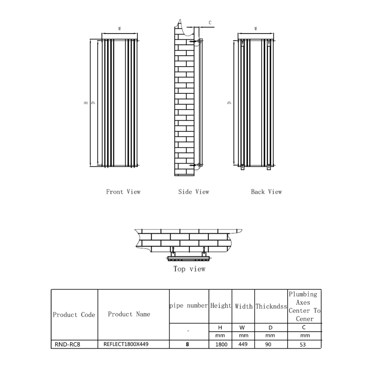 1800 x445 mm Reflect White Designer Radiator