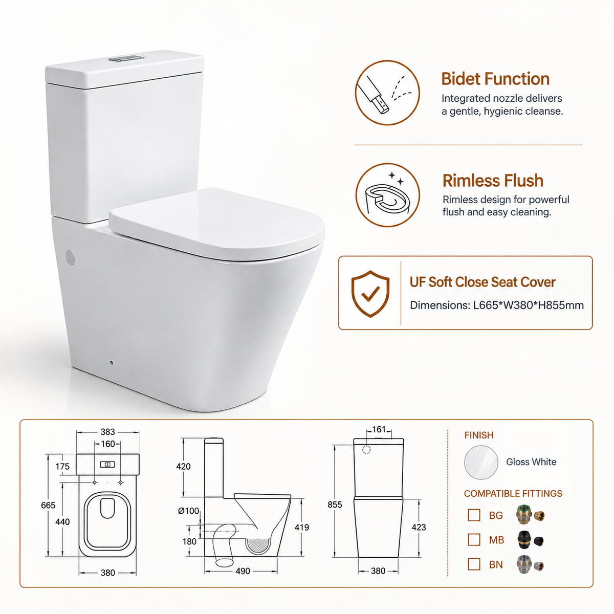 Close Coupled Soft Close Seat Square Rimless Toilet
