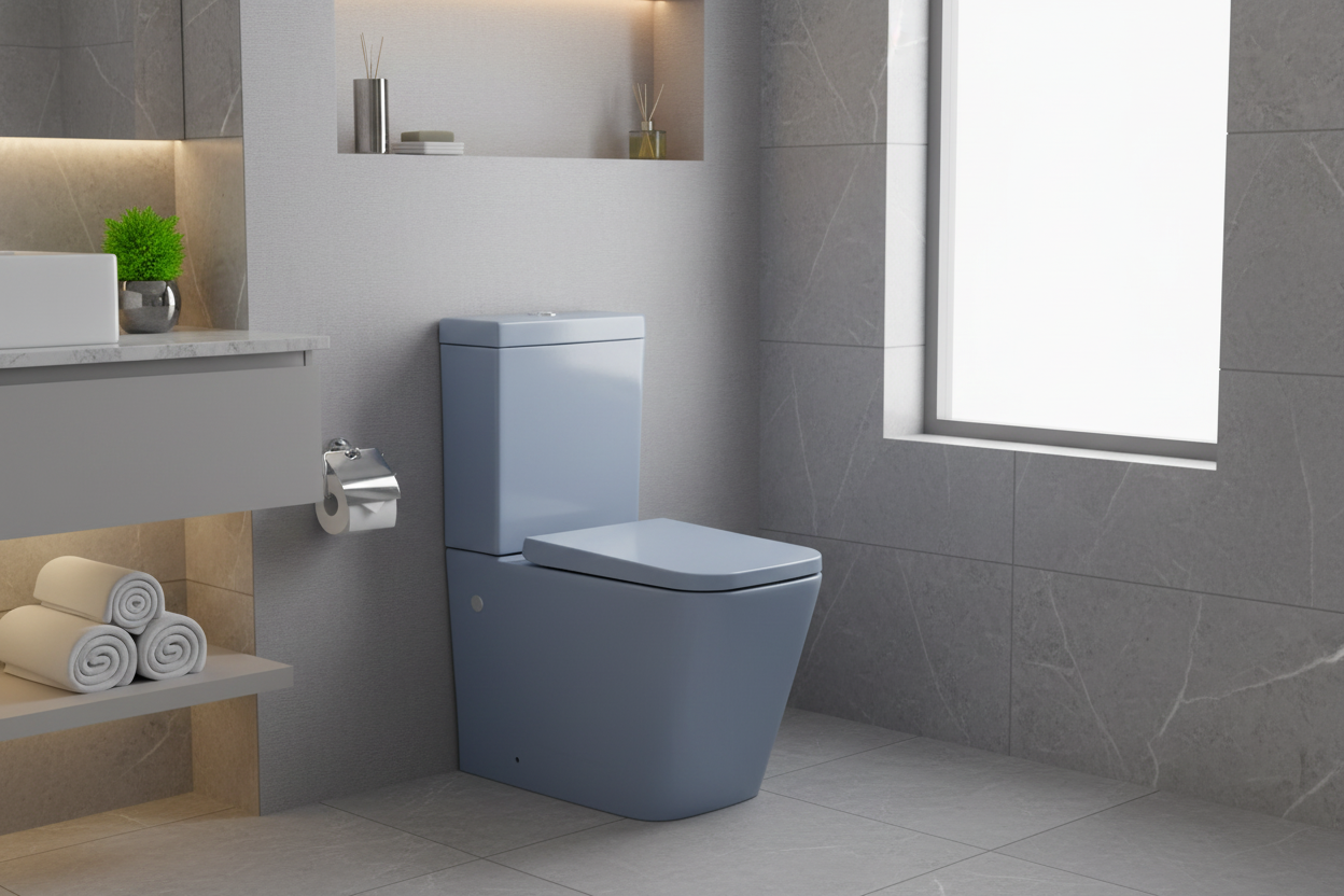 Rimless Blue Matt Closed Coupled WC Toilet Incl. Soft Closing Seat
