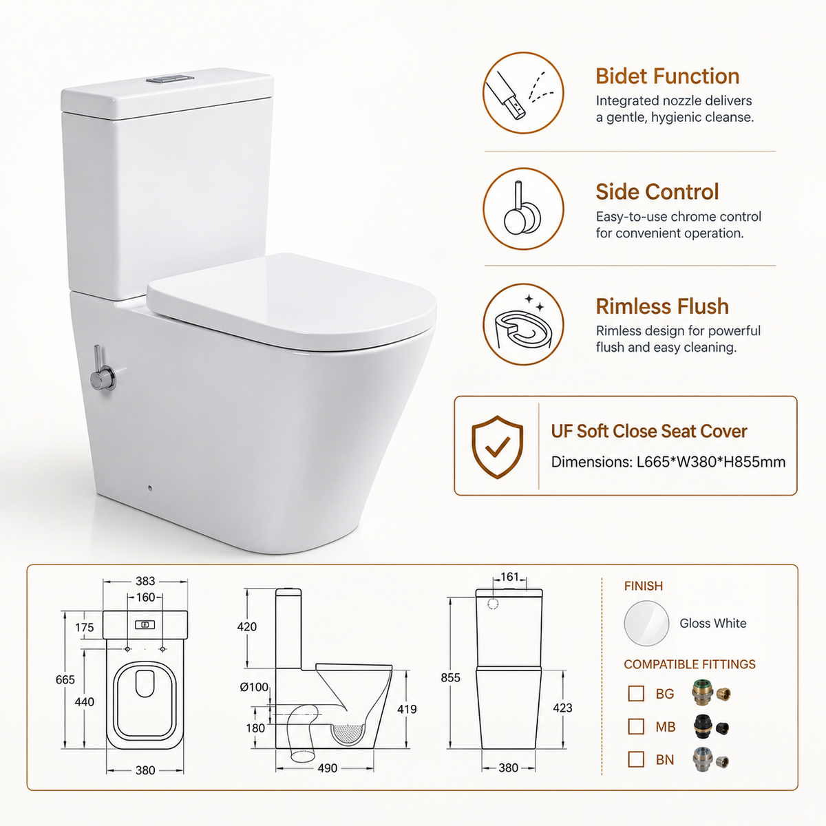 Close Coupled Soft Close Seat Square Rimless Bidet Toilet