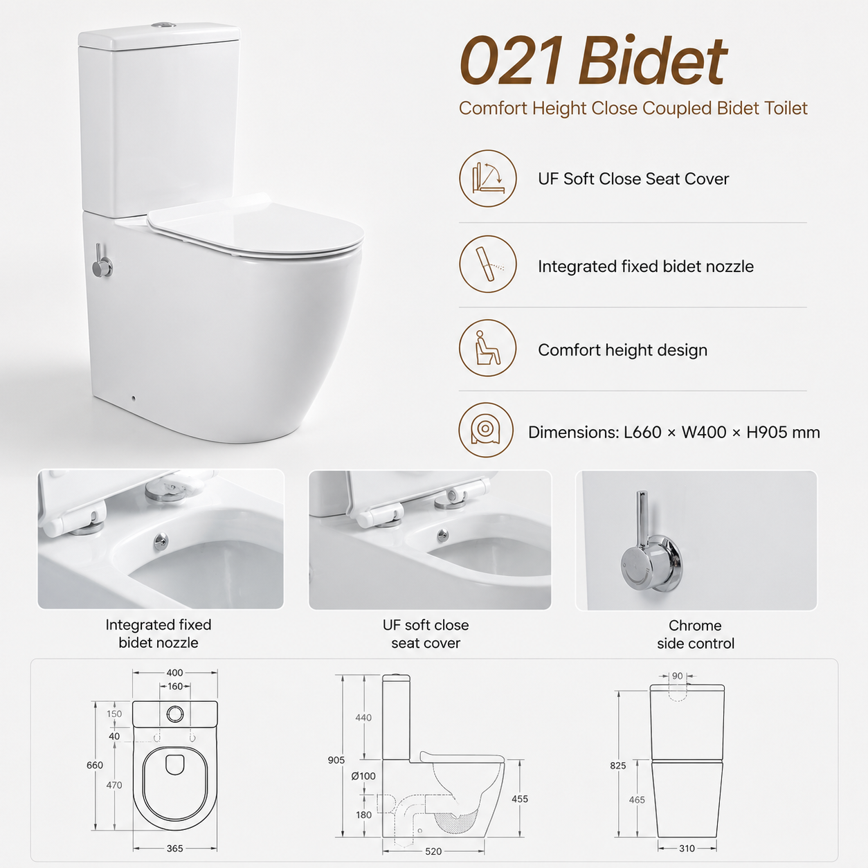 021 Comfort Height Close Coupled Bidet Toilet
