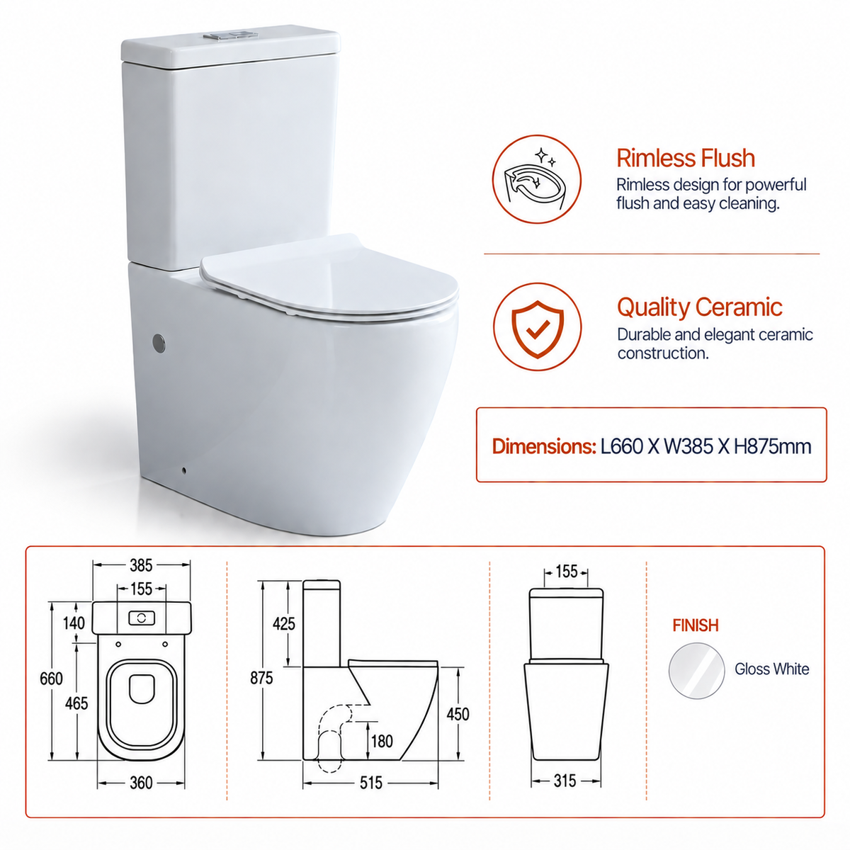 D-Shape Semi Comfort Height Rimless Close Coupled Bidet Toilet