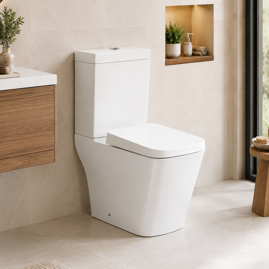 A modern white ceramic one-hole toilet with a closed lid, shown installed in a bright, contemporary bathroom with beige tiles, a floating wooden vanity, and a built-in niche.