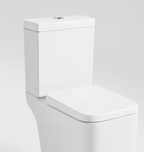 A modern white ceramic toilet with a closed seat lid and a flush button on the tank, shown against a light gray background.