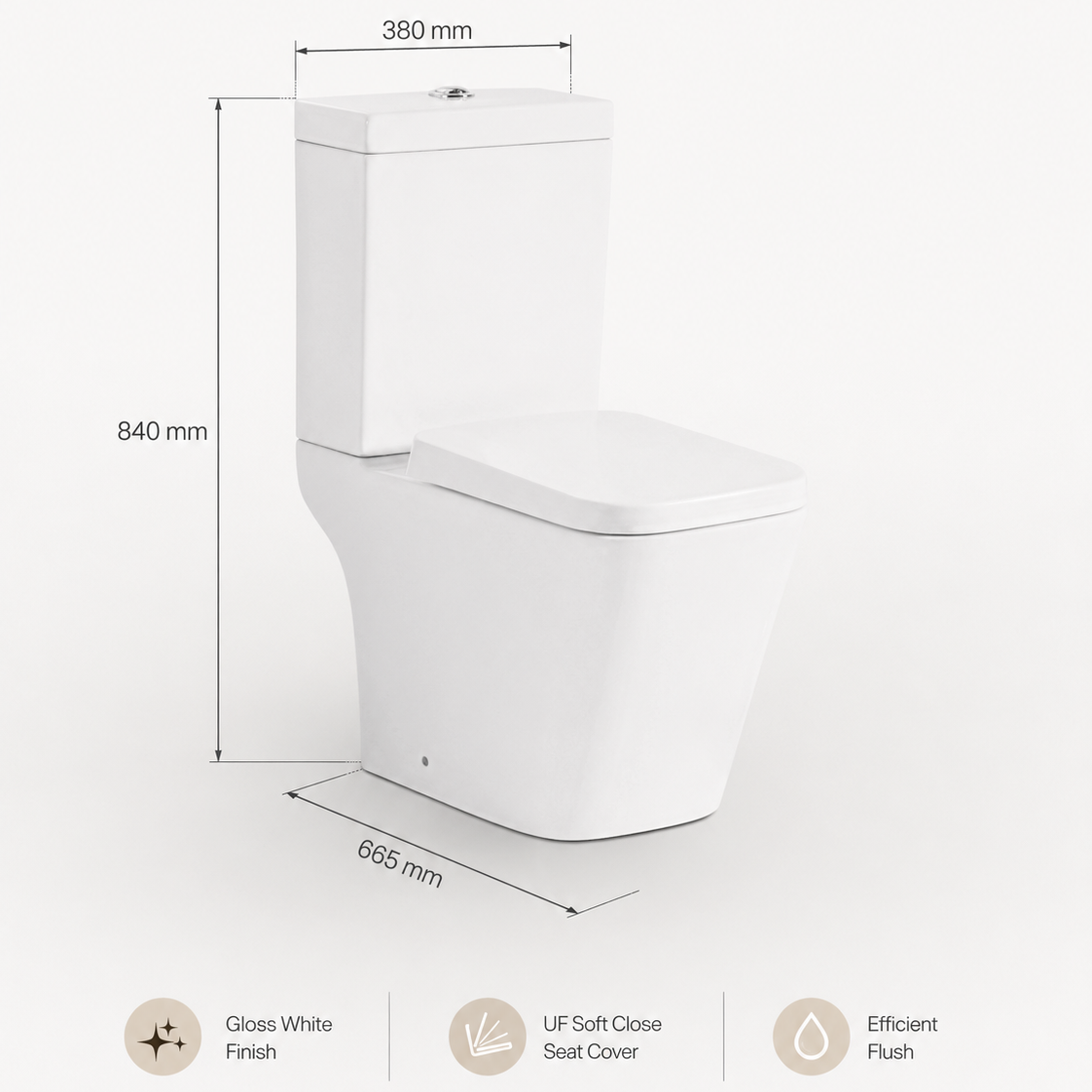 A white close-coupled toilet with dimension labels showing 840 mm height, 665 mm width, and 380 mm tank-to-bowl distance, on a light beige background with text reading '031 Close Coupled Toilet' and feature icons below.