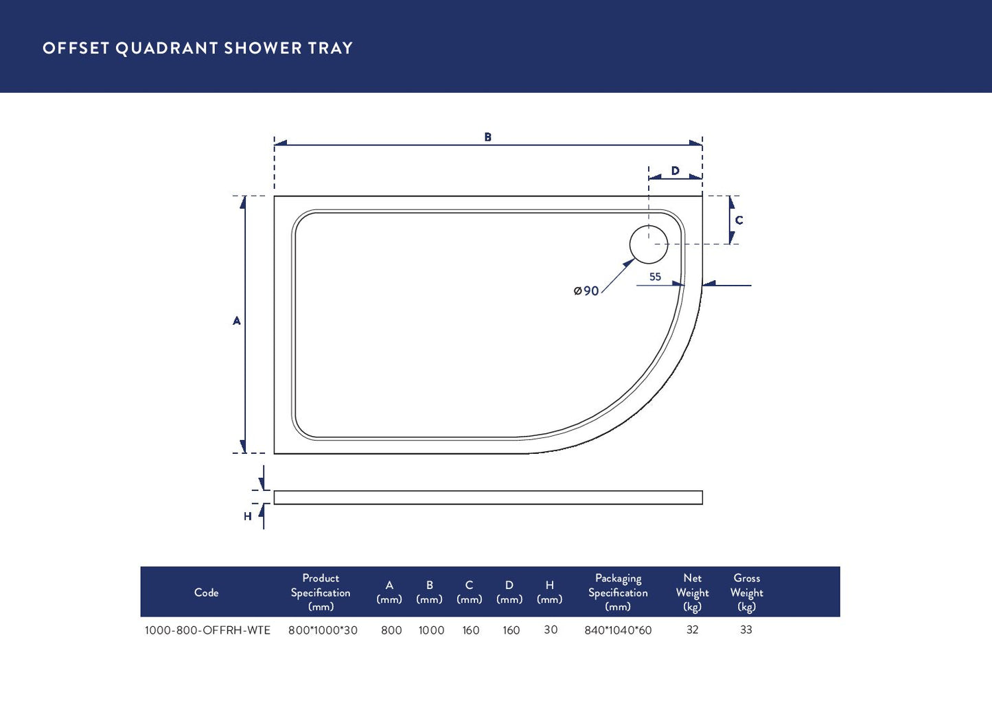 900 x760mm Eco-Stone Offset Quadrant Left Hand  Shower Tray