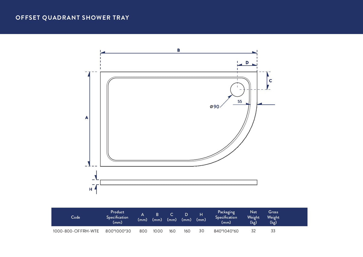 900 x760mm Eco-Stone Offset Quadrant Left Hand Shower Tray