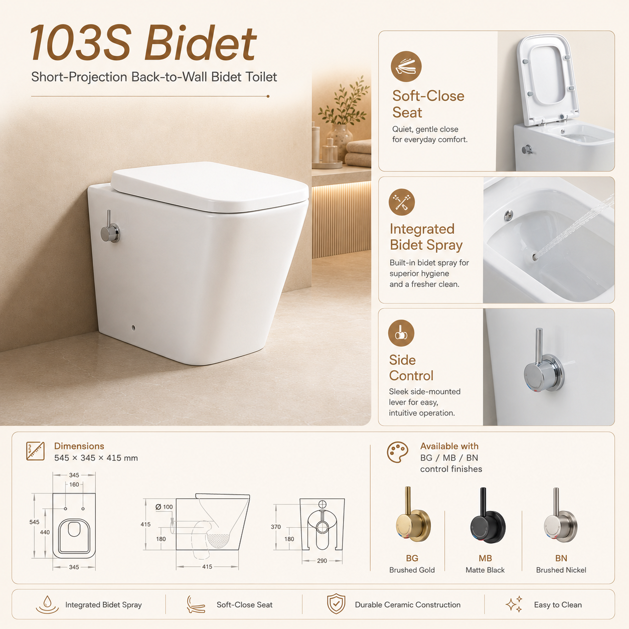 103S Square Short-Projection Back-to-Wall Bidet Toilet