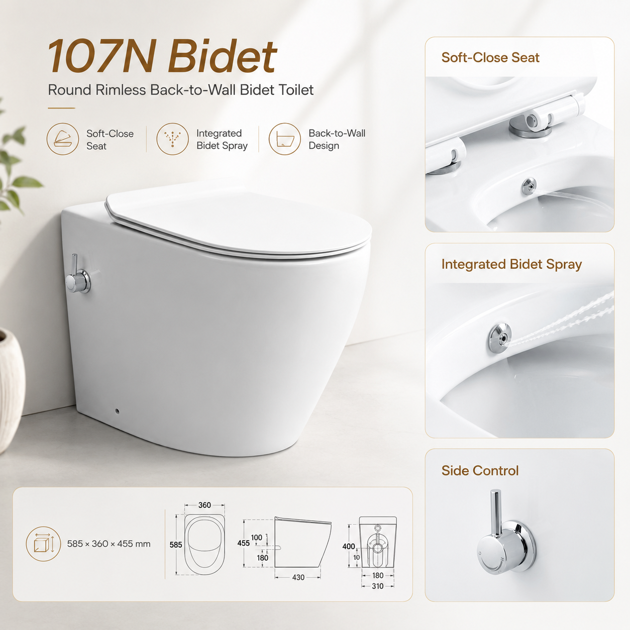 Back-to-Wall Round Rimless Bidet Toilet – 107N