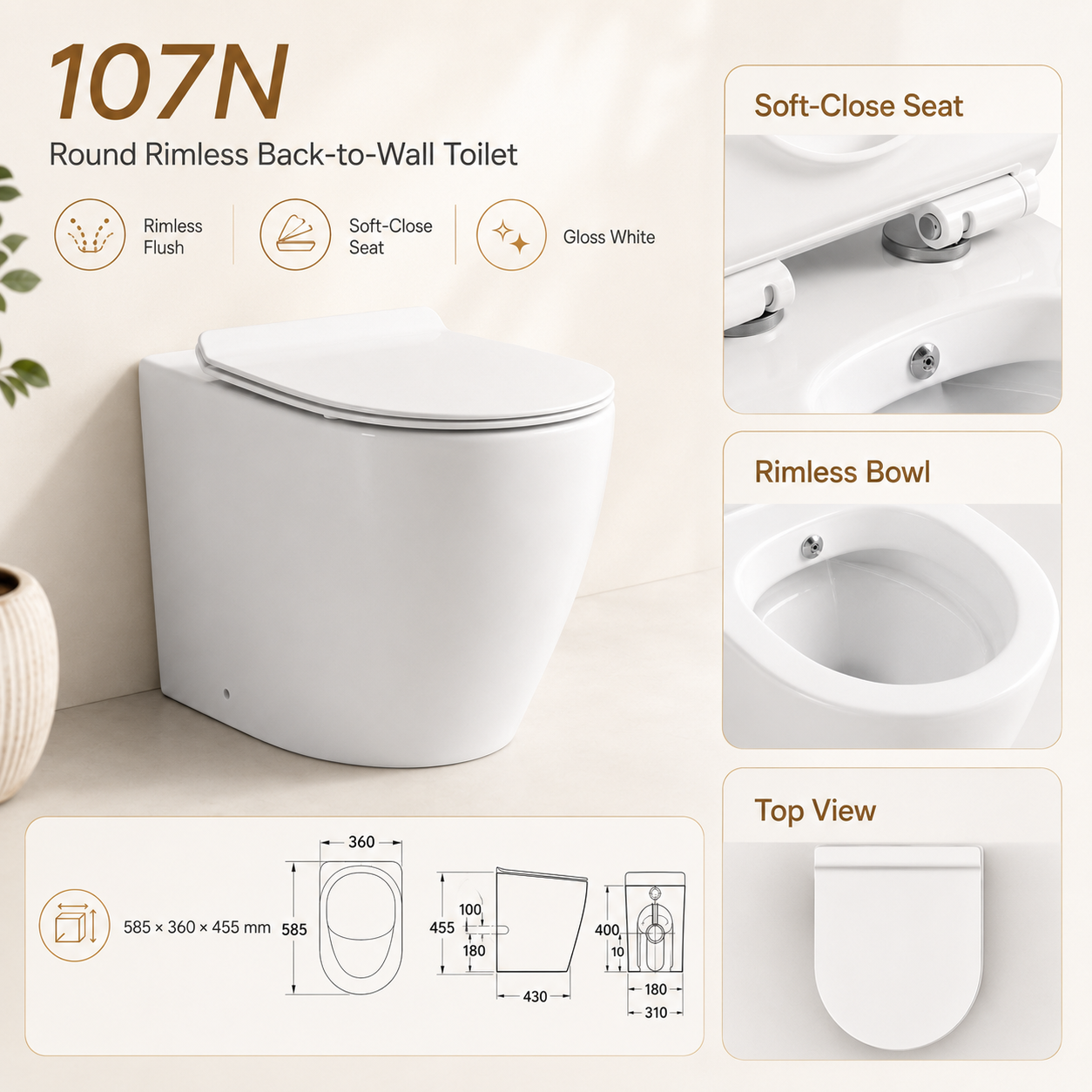 Back-to-Wall Round Rimless Toilet with Soft-Close Seat – 107N