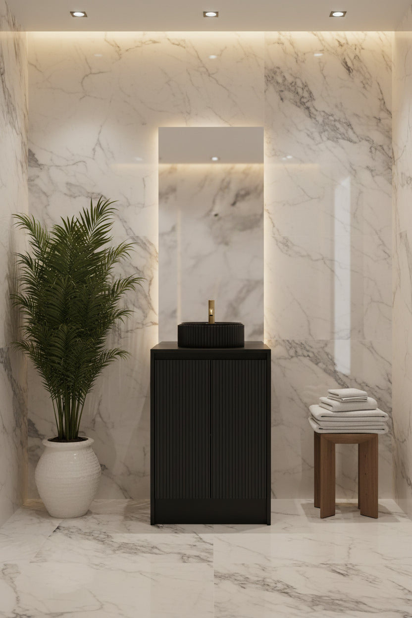 600mm Fluted Handless Floor Standing Vanity Unit with Basin & Polymarble Worktop Black Matt Colour