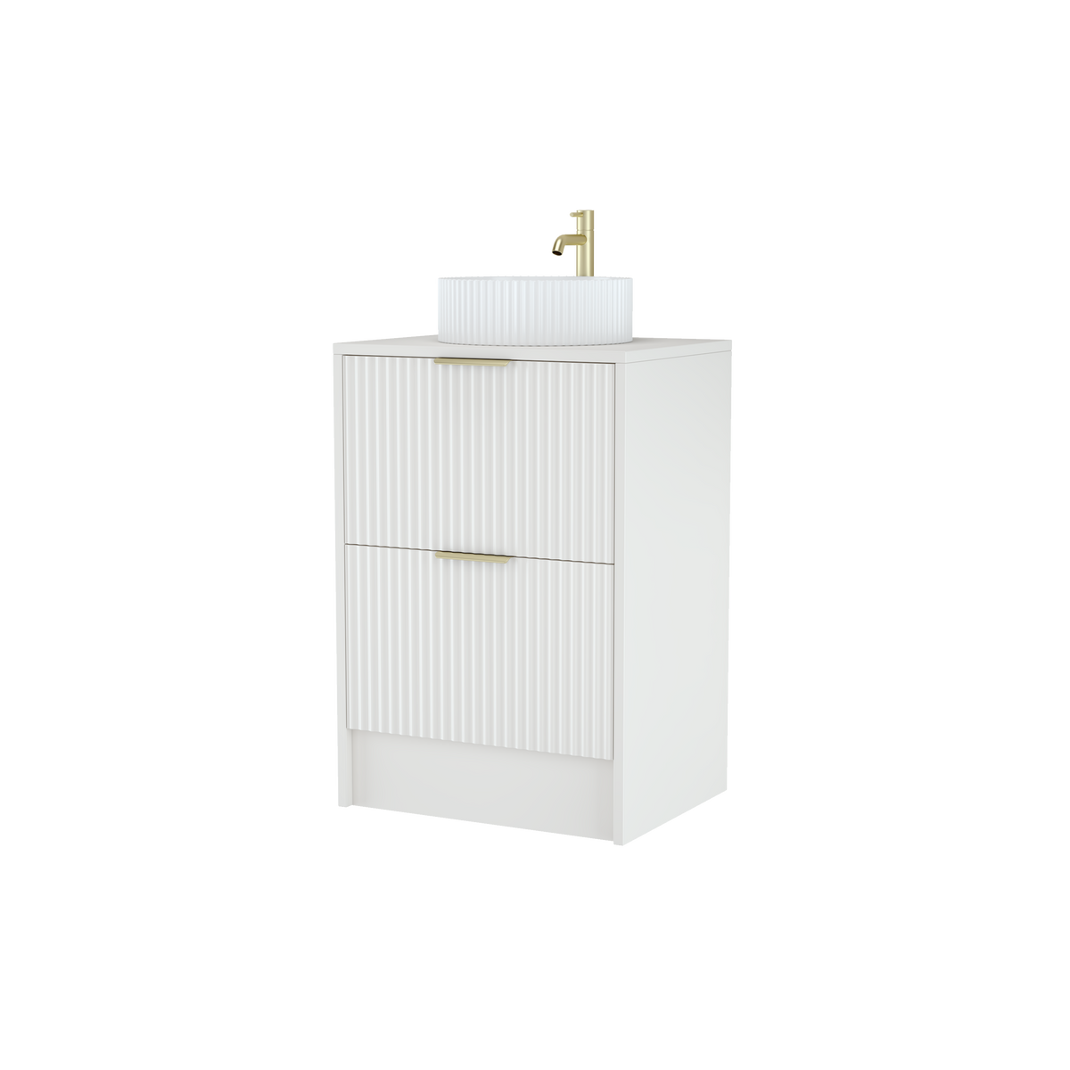 600mm Rectangular Fluted Floor Standing Vanity Unit with Countertop Basin in White Matt