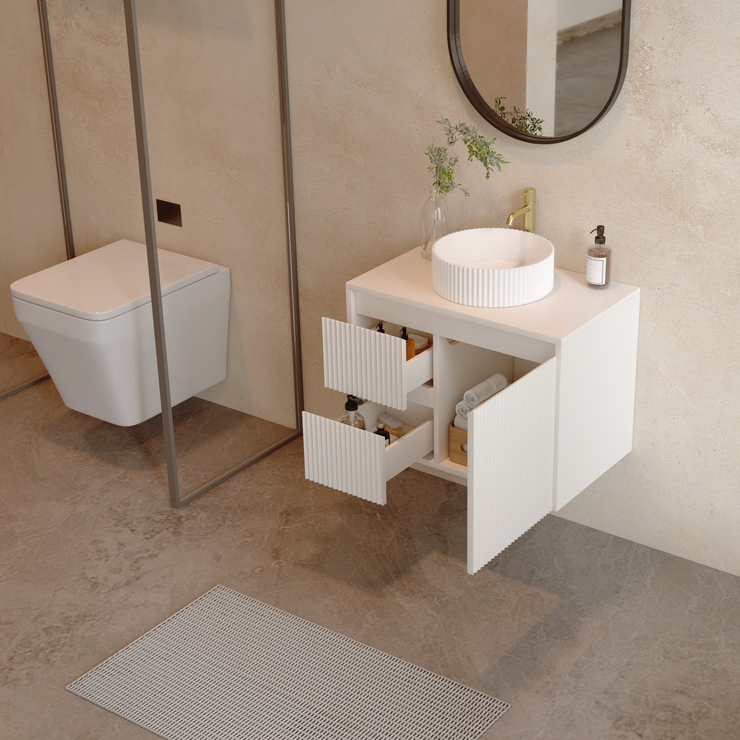 A modern floating bathroom vanity with a white vessel sink, shown in a styled bathroom setting with a wall-mounted toilet, textured beige walls, and a glass shower screen.