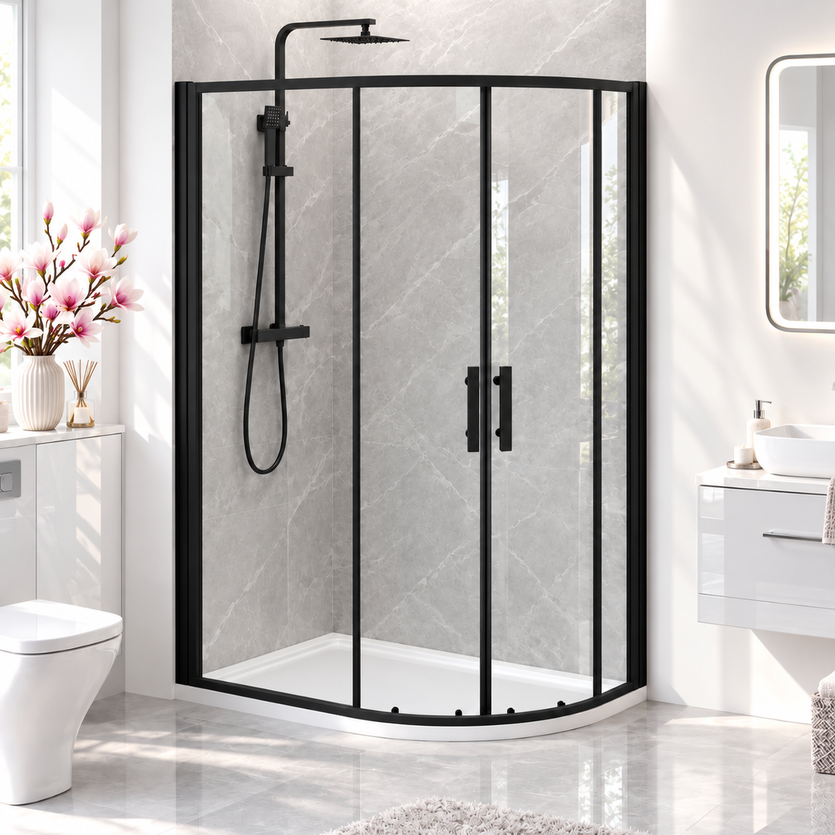Alexa Black Offset Quadrant Shower Enclosure (Double Sliding Door) 1200mm x 900mm x 1900mm High