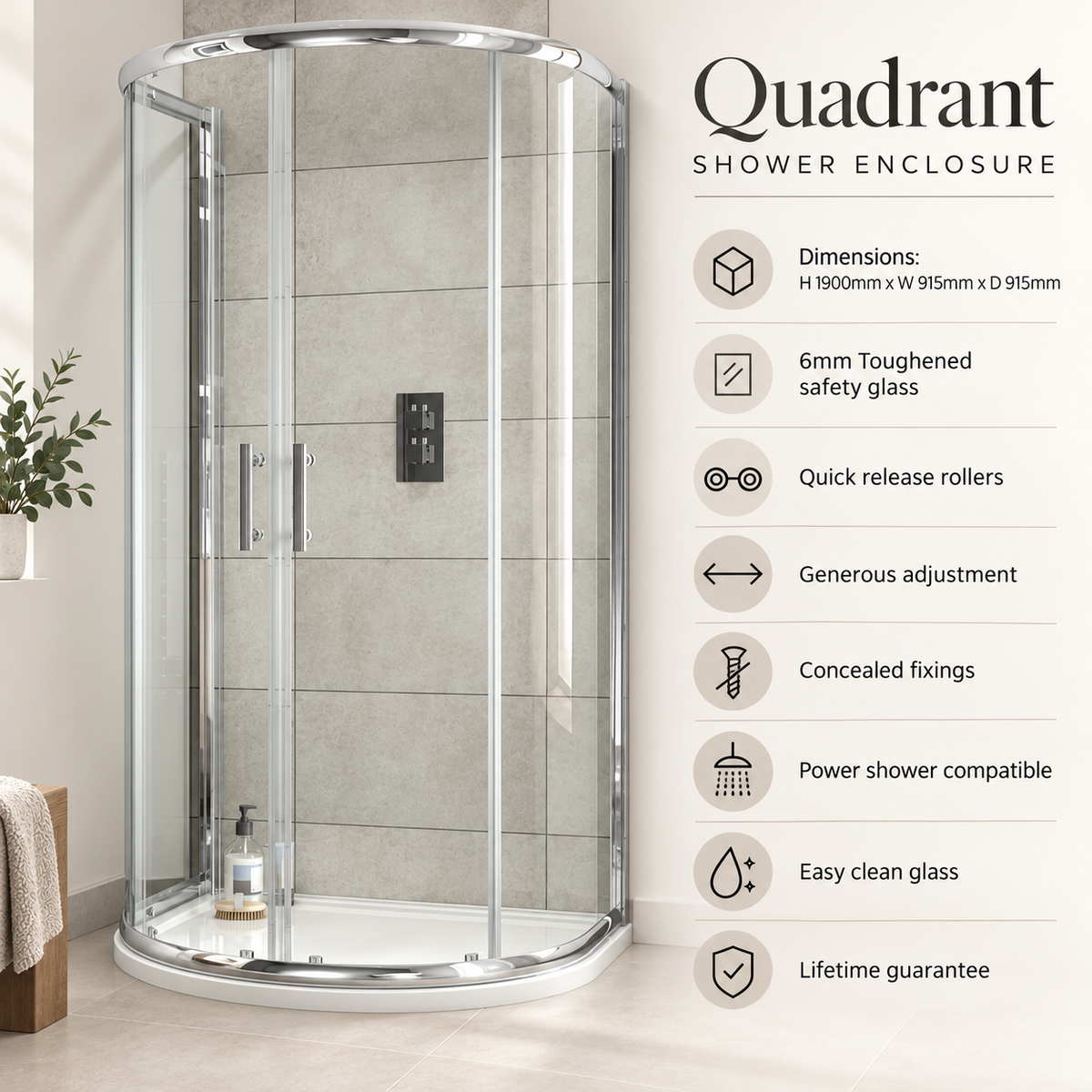 D shaped Shower Enclosure with Tray 915 x915mm