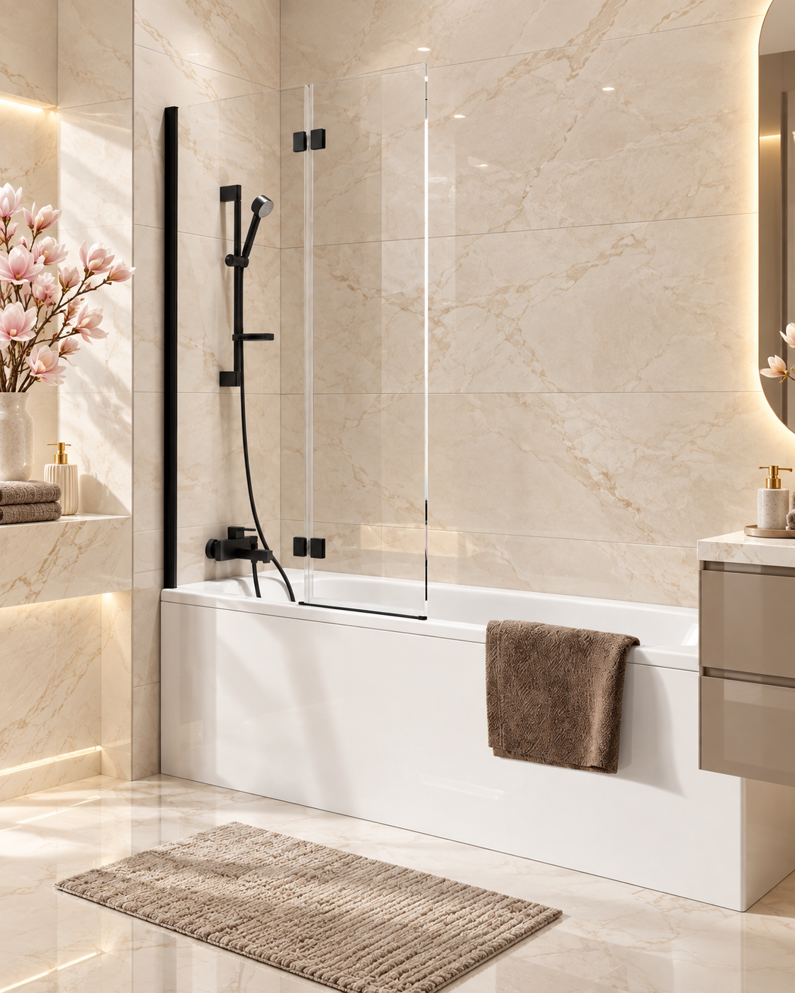 Thalia Inward Opening Brushed Brass Bath Screen W900mm x H1500mm