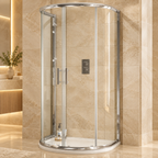 A modern semi-circular glass shower enclosure with chrome framing, shown installed in a tiled bathroom with beige stone walls and floor.
