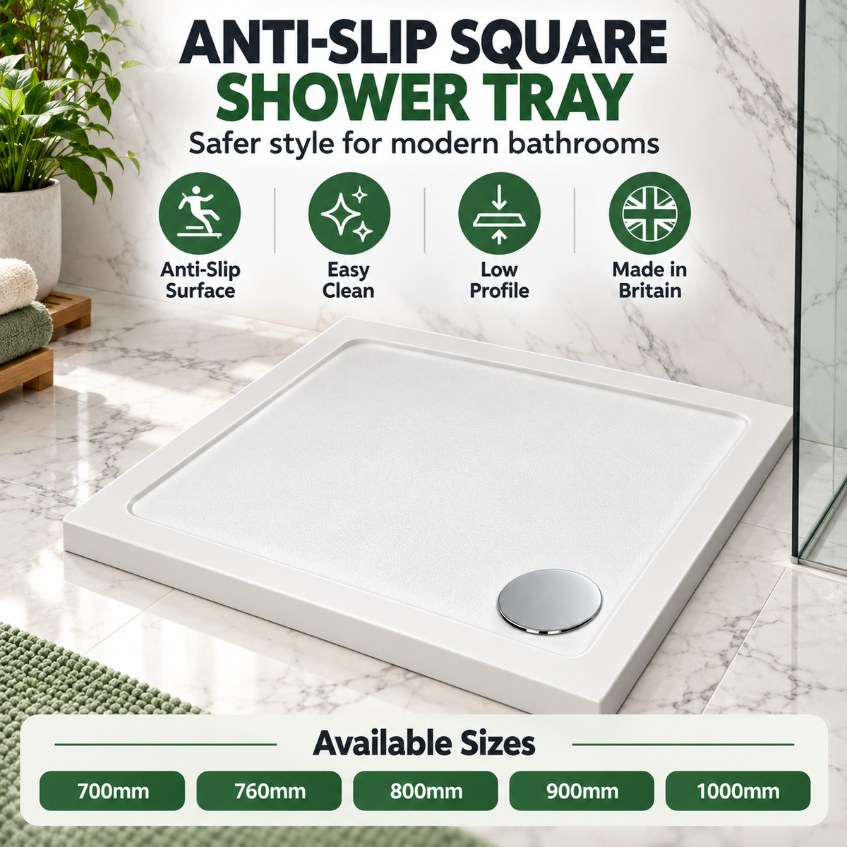 Anti-Slip Square Shower Tray - White