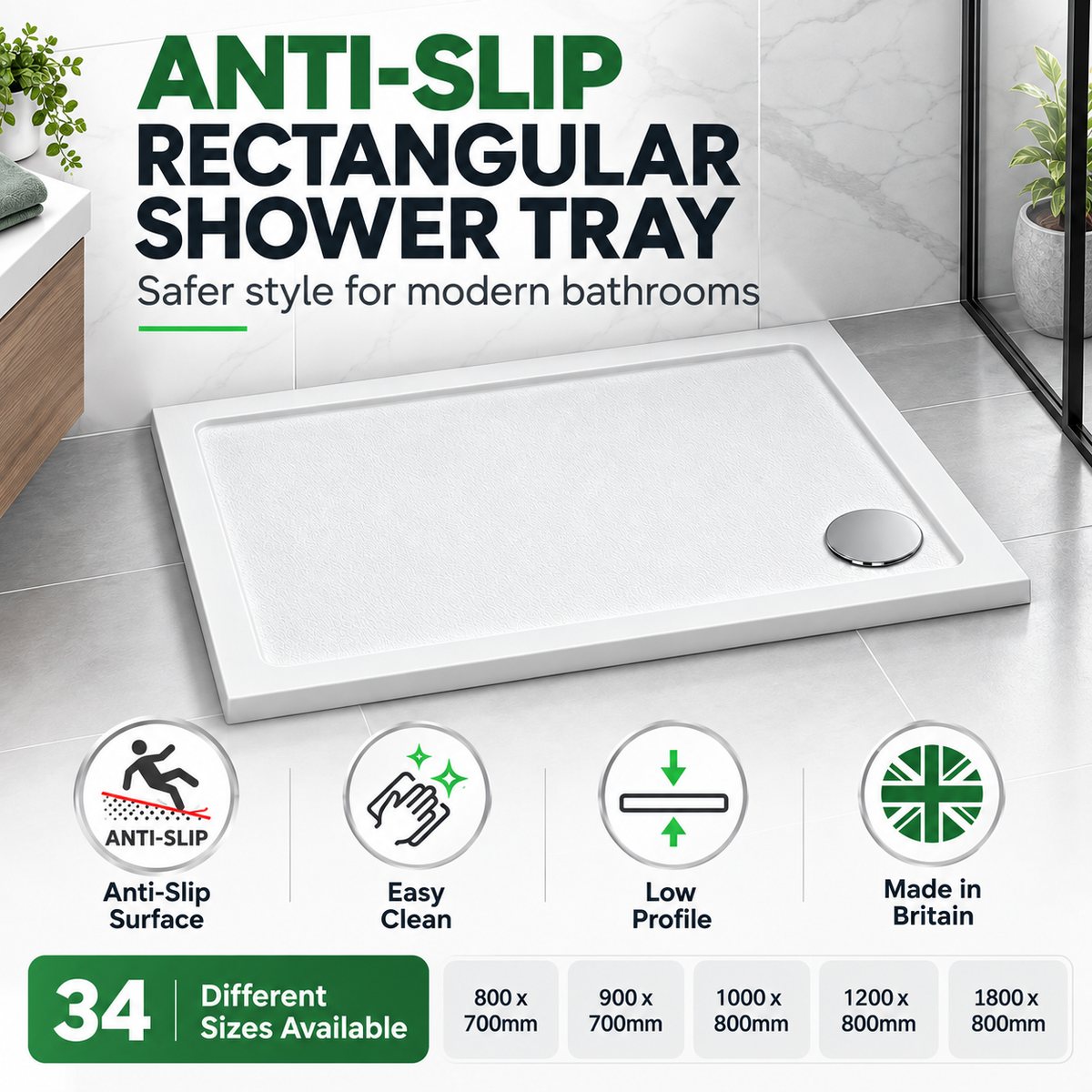 Anti-Slip Rectangular Shower Tray - White
