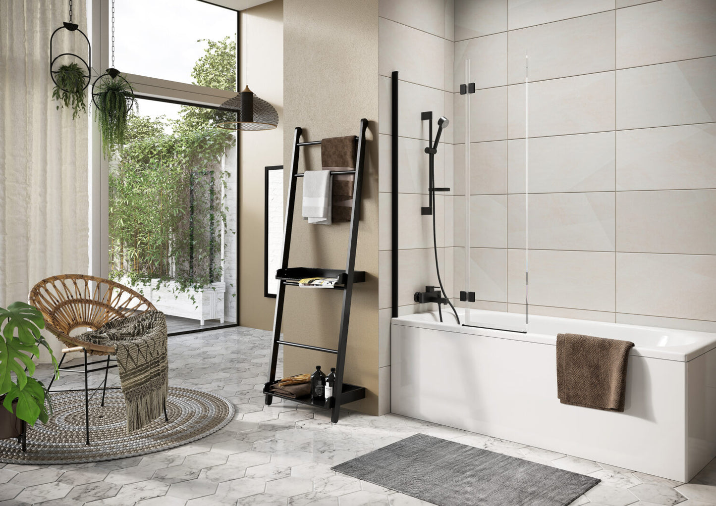 Thalia Inward Opening Brushed Brass Bath Screen W900mm x H1500mm