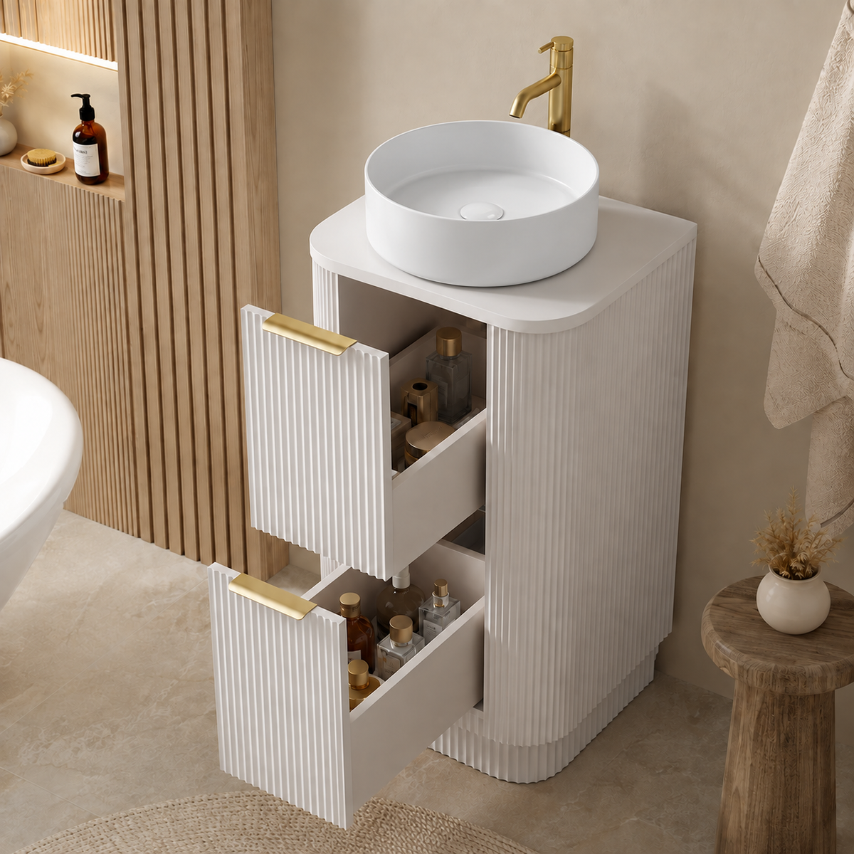 500mm Curved Fluted Floor Standing Vanity Unit with Countertop Basin