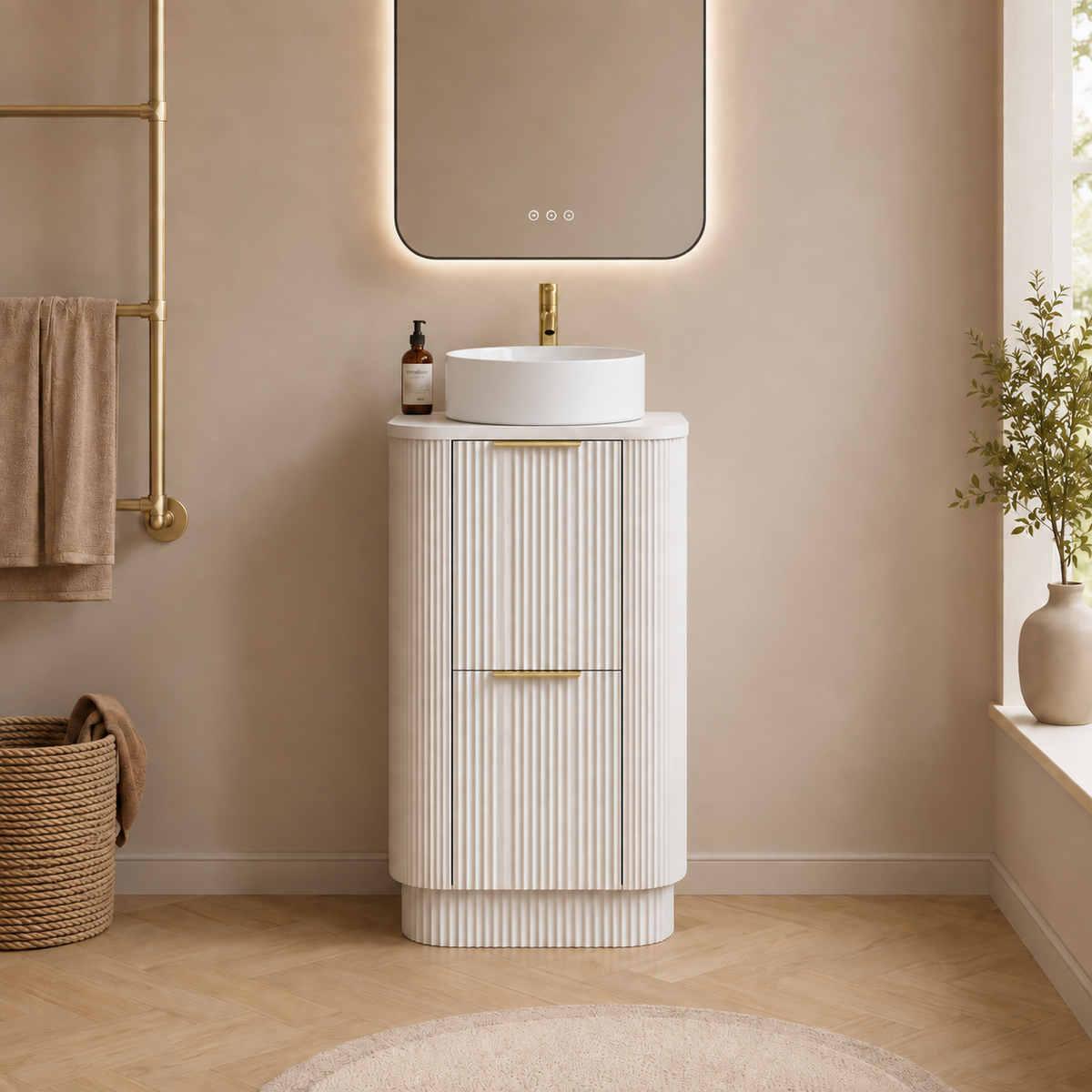 500mm Curved Fluted Floor Standing Vanity Unit with Countertop Basin