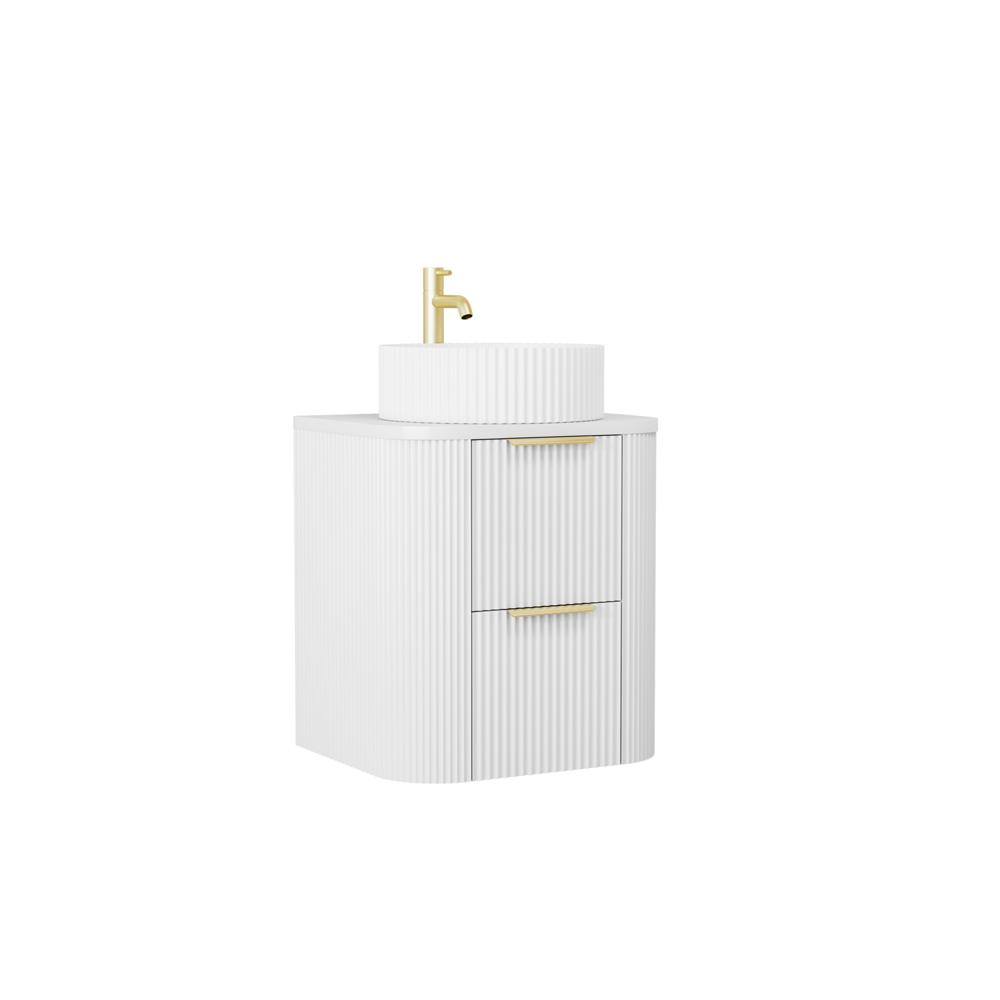 600 mm White  Matt Fluted Wall Hung Vanity Unit with Polymarble Worktop Basin