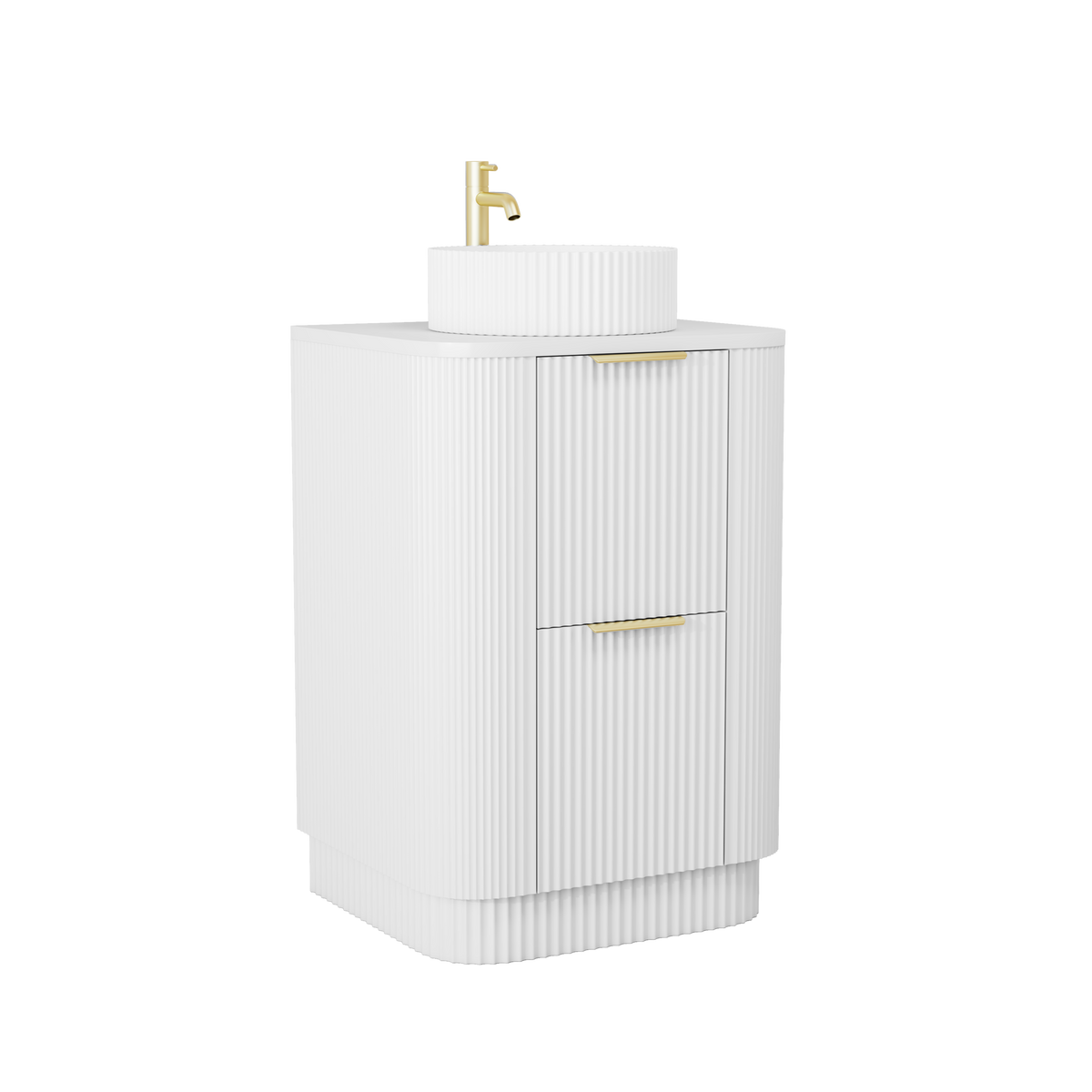 600mm Curved Fluted Floor Standing Vanity Unit with Countertop Basin in White Matt