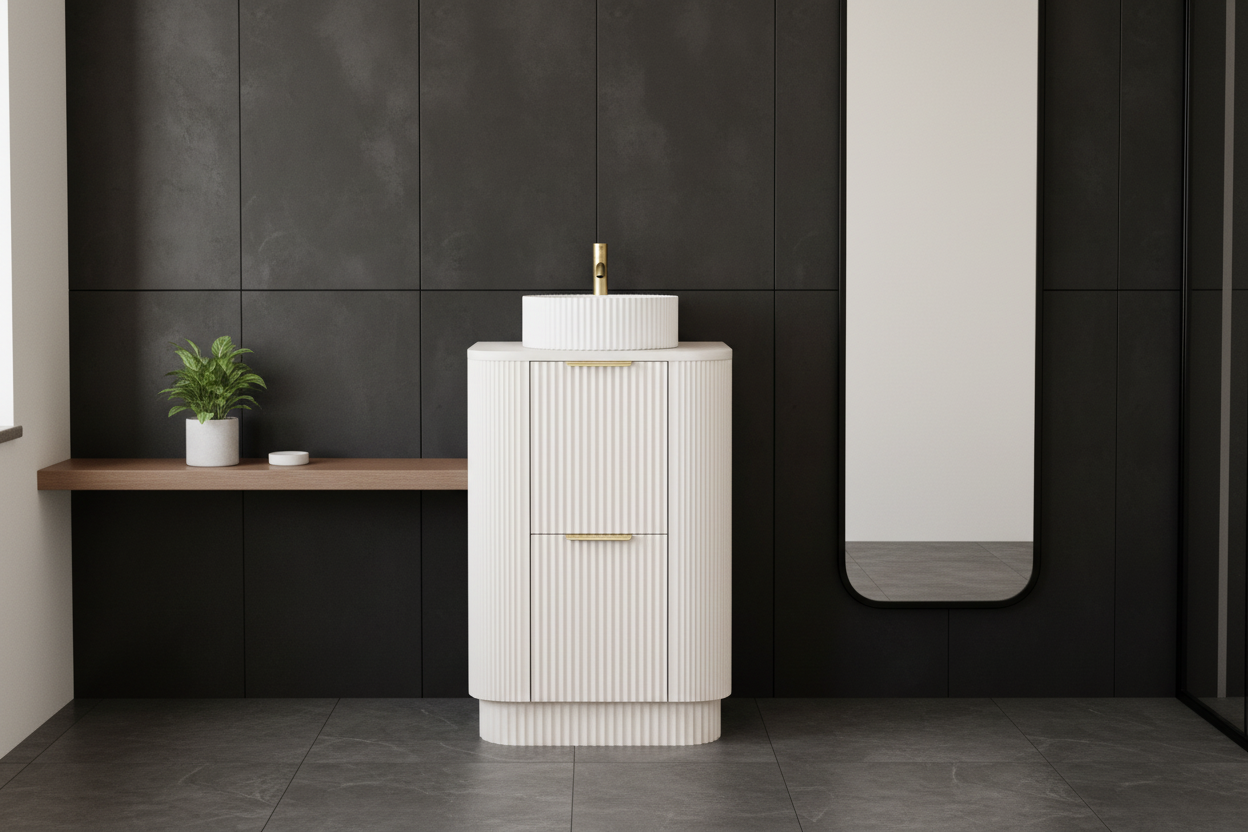 600mm Fluted Floor Standing  Vanity Unit with Basin Creamy White Matt Colour