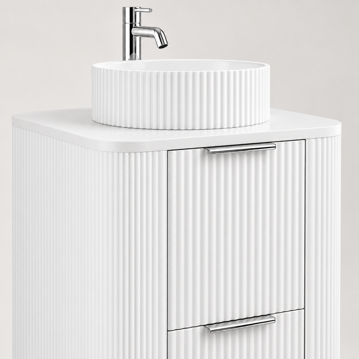 600mm Curved Fluted Floor Standing Vanity Unit with Countertop Basin