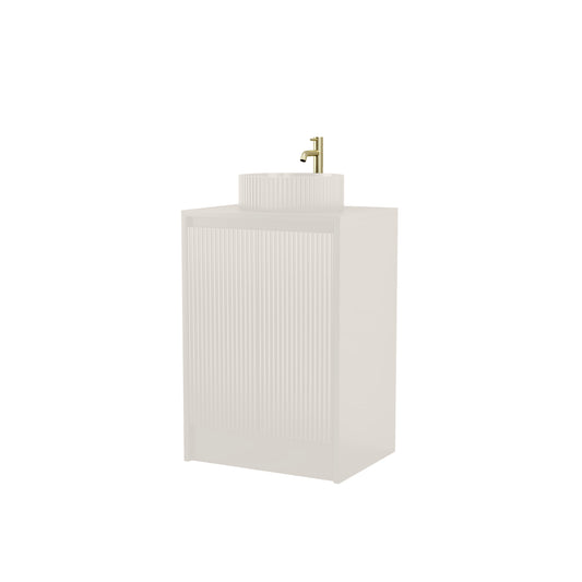 600mm Cream Fluted Handless Floor Standing Vanity Unit with Basin & Polymarble Worktop White Matt Colour