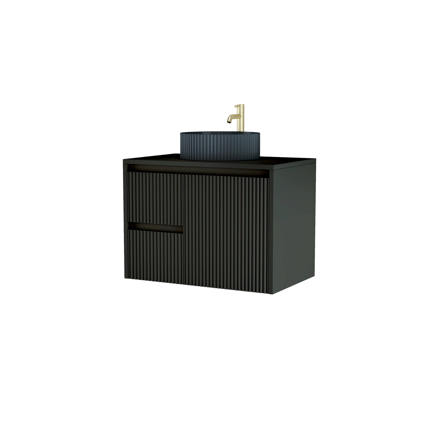 750mm Black Matt Fluted Wall Hung Vanity Unit with Polymarble Worktop Basin