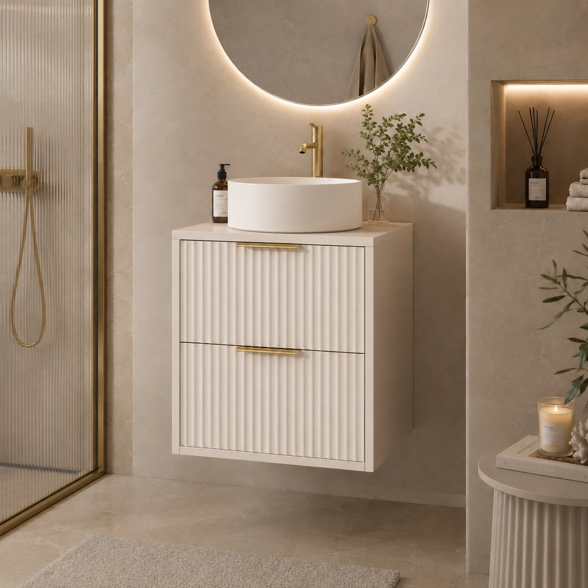 500mm Fluted Wall-Hung Vanity Unit with Worktop, Art Basin