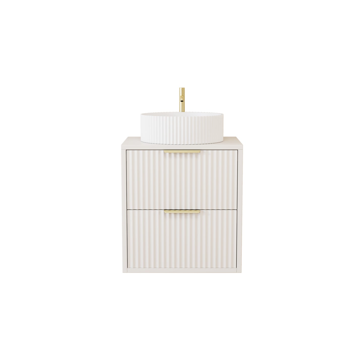 600mm Creamy White Square Matt Fluted Wall Hung Vanity Unit with Polymarble Worktop Basin