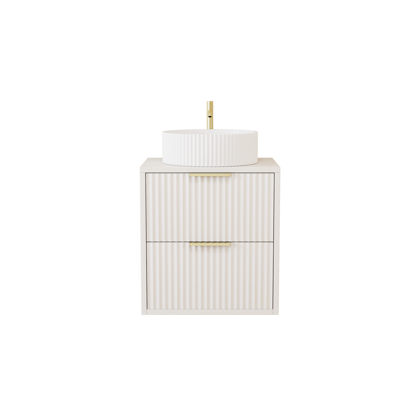 600mm Creamy White Square Matt Fluted Wall Hung Vanity Unit with Polymarble Worktop Basin
