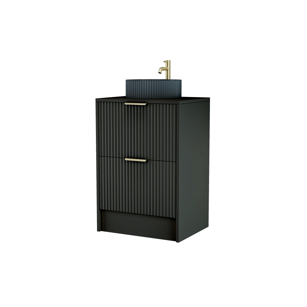 600mm Rectangular Fluted Floor Standing Vanity Unit with Countertop Basin in Black Matt