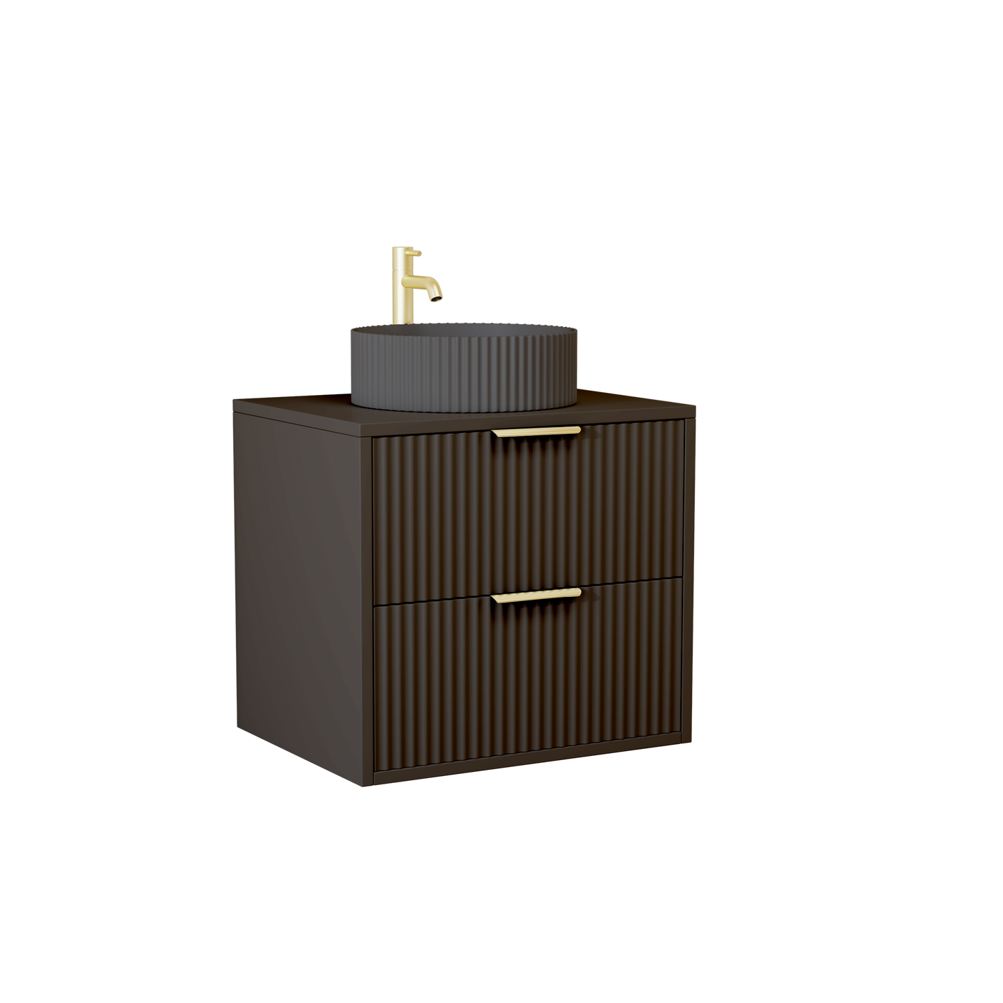 600 mm Black Matt Square Fluted Wall Hung Vanity Unit with Polymarble Worktop Basin