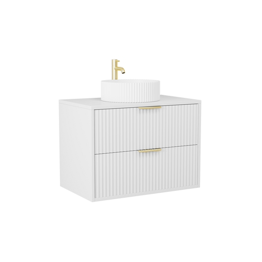 750mm White Matt Fluted Wall Hung Vanity Unit with Polymarble Worktop Basin