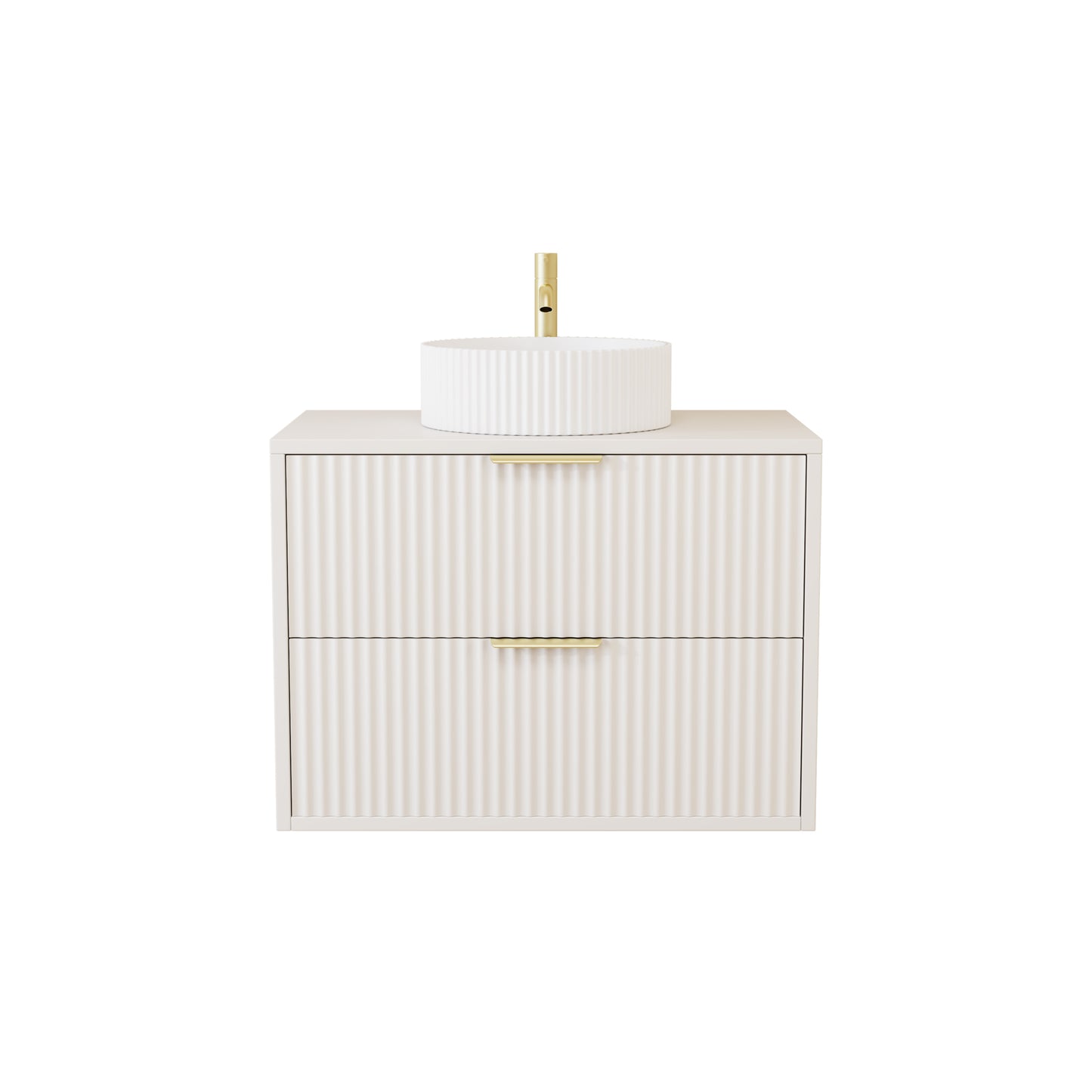 750mm  White Matt Fluted Wall Hung Vanity Unit with White Polymarble Worktop Basin