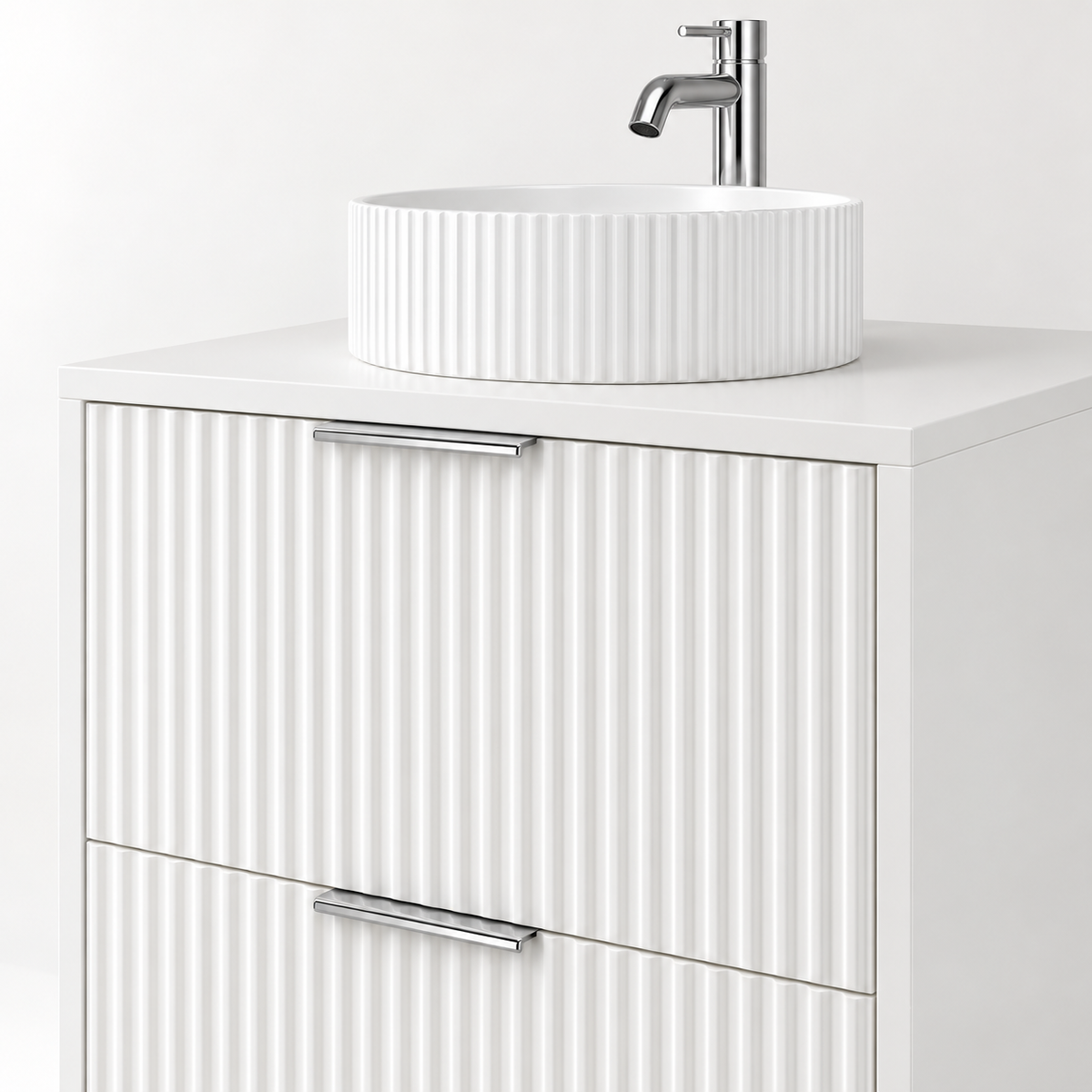 Rectangular fluted two-drawer vanity unit with countertop basin – Chrome handles