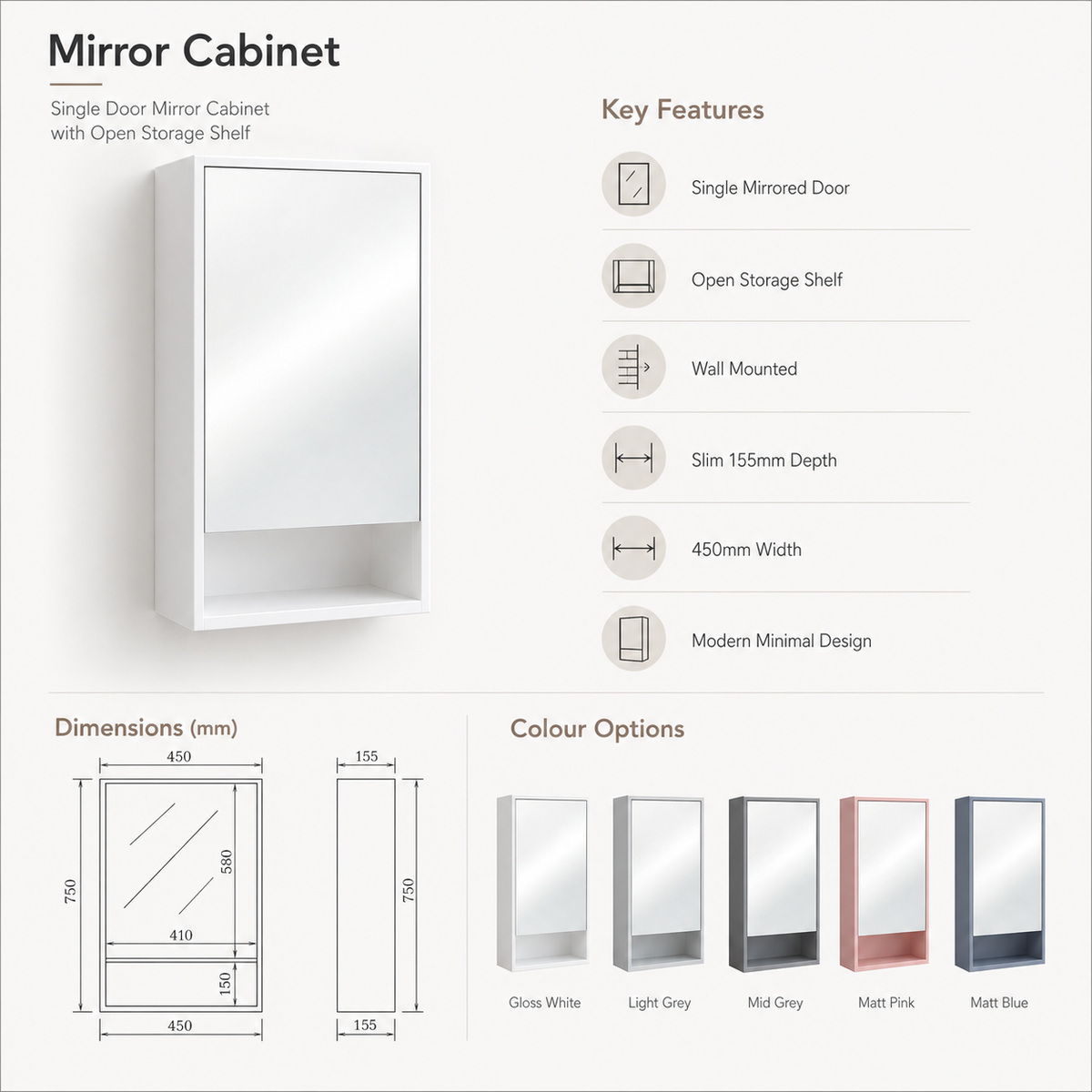 Mirror cabinet product information graphic showing a white wall-mounted single-door mirror cabinet with an open storage shelf, key features list, dimensions diagram, and color options including gloss white, light grey, mid grey, main pink, and matt blue.