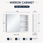 A dimension diagram of a white mirror cabinet with sliding doors and three open shelves, labeled 'MIRROR CABINET' with size measurements 990 x 155 x 700 and front/side views on a light gray background.